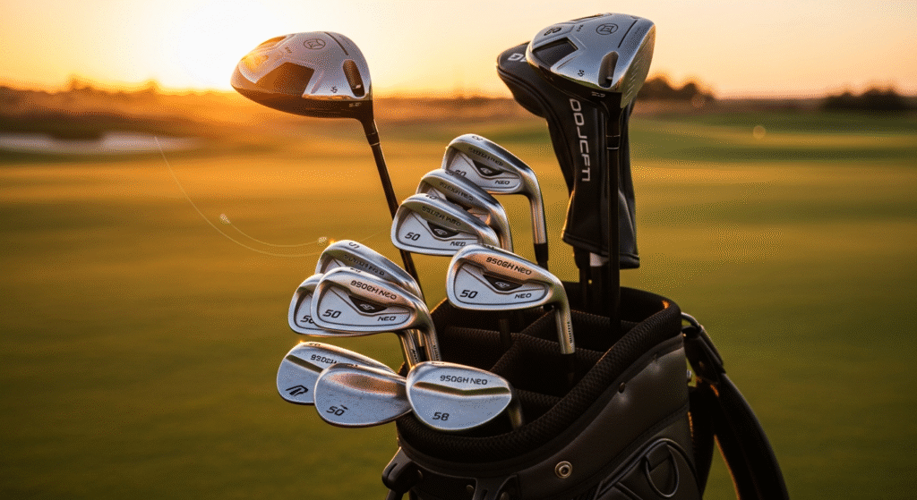 夕暮れのゴルフコースを背景に、ゴルフバッグに立てられた複数のゴルフクラブが夕日を浴びている。