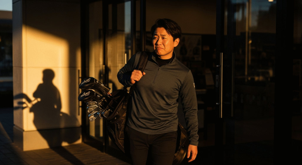 ゴールデンアワーの光と長い影の中、ゴルフバッグを肩にかけた男性が建物の前を歩いている。