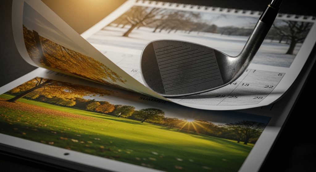 ゴルフのアイアンが、冬、秋、夏と季節ごとに変化するゴルフ場の写真がめくられているカレンダーの上に置かれている。