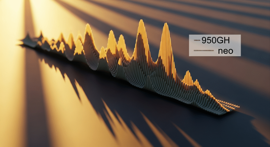 光と影が印象的な波打つ立体的なグラフの画像で、右上に「950GH」と「neo」の凡例が表示されています。