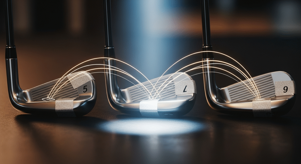 センサーテープと光る線でインパクト分析が示された、5番、7番、9番の3本のゴルフクラブが並び、中央の7番アイアンは特に明るく照らされています。