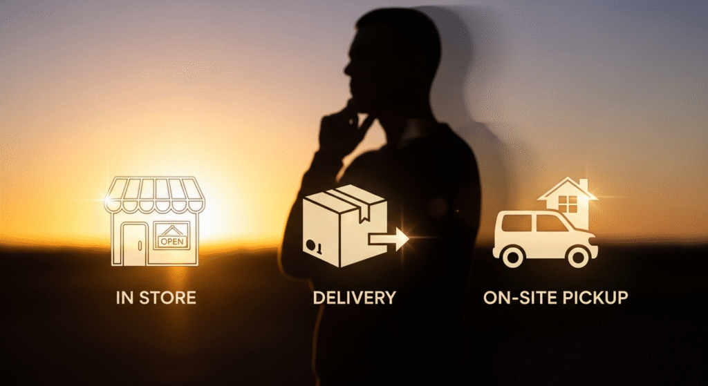夕焼けを背景に、考え込んでいる男性のシルエットの前に、「IN STORE (店舗で購入)」、「DELIVERY (配送)」、「ON-SITE PICKUP (現地受け取り)」という3つの商品受け取り方法がアイコンとテキストで提示されています。
