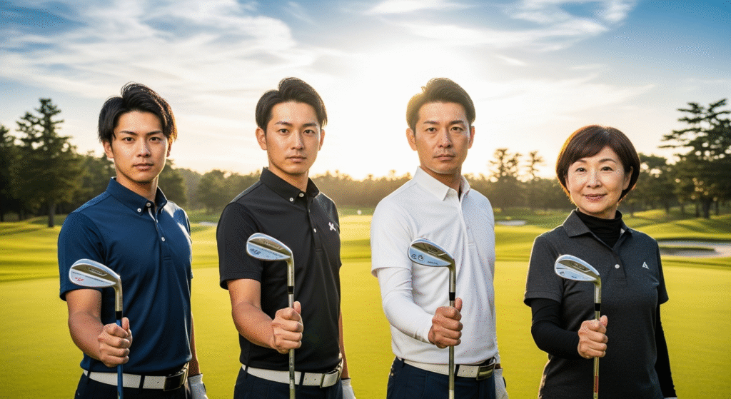 夕焼けのゴルフコースを背景に、ゴルフウェアを着た3人の男性と1人の女性が、それぞれゴルフウェッジを手に持って立っている。