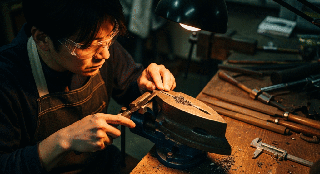 デスクライトが照らす作業台で、保護メガネとエプロンを着用した男性が、万力に固定された金属の塊を彫刻刀のような道具で丁寧に削っている。