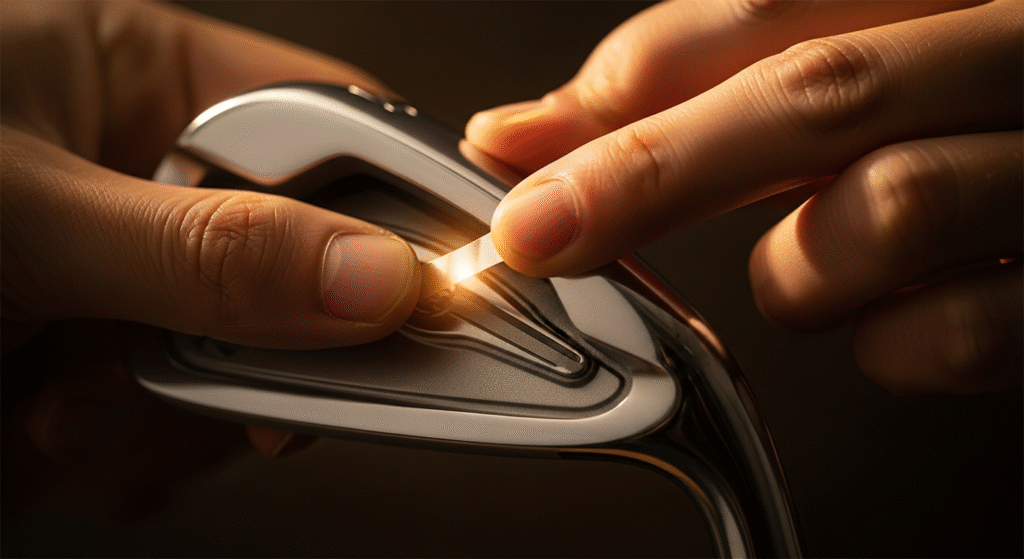 両指がゴルフアイアンのヘッドに光る細いテープを当てて確認しているクローズアップ画像。