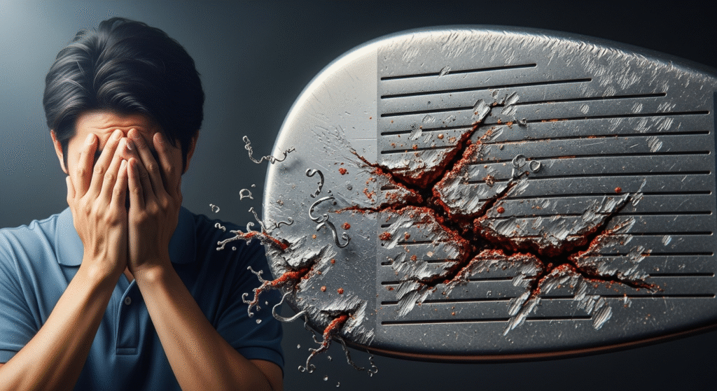 顔を両手で覆い隠した男性の隣に、赤くひび割れ深く損傷したゴルフクラブのフェースが描かれた画像。