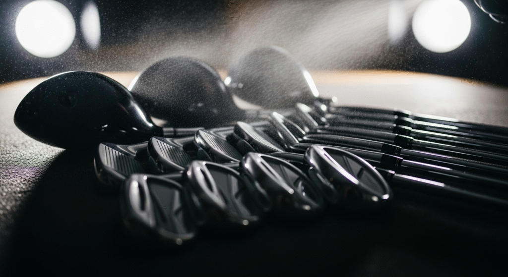 光の粒が舞う暗い空間で、ウッドとアイアンのゴルフクラブが手前から奥へ整然と並んでいる様子。