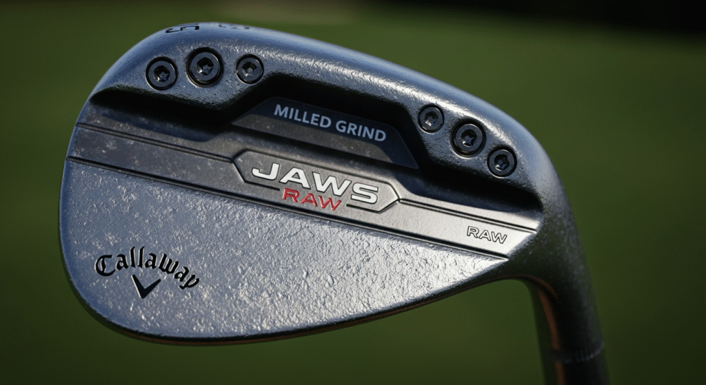 緑の芝生を背景に、Callawayの「JAWS RAW」ウェッジのヘッド部分がクローズアップされた画像。