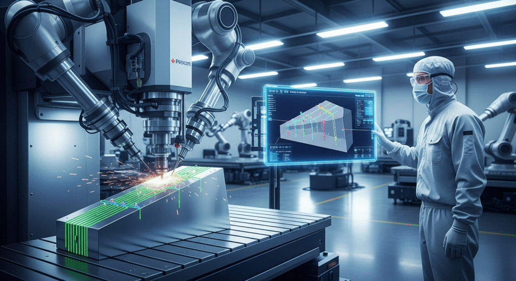 製造工場でロボットアームが金属を加工し、火花が散る中、防護服の作業員がホログラフィックディスプレイを操作している。