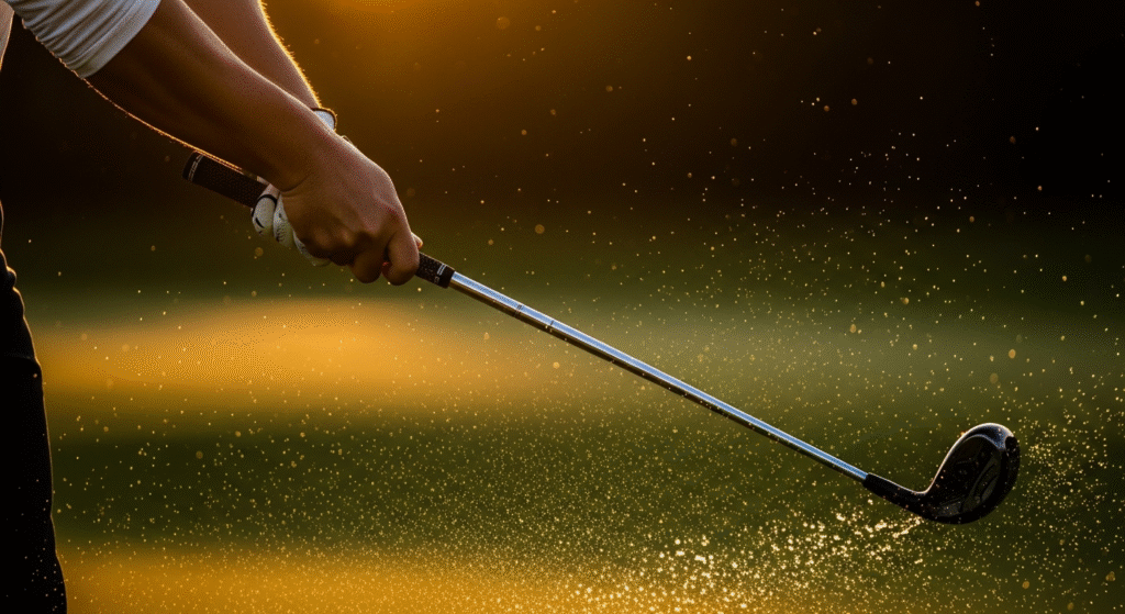 夕日の逆光できらめく水しぶきが舞う中、ゴルフクラブをスイングするゴルファーの腕とクラブヘッドが捉えられています。