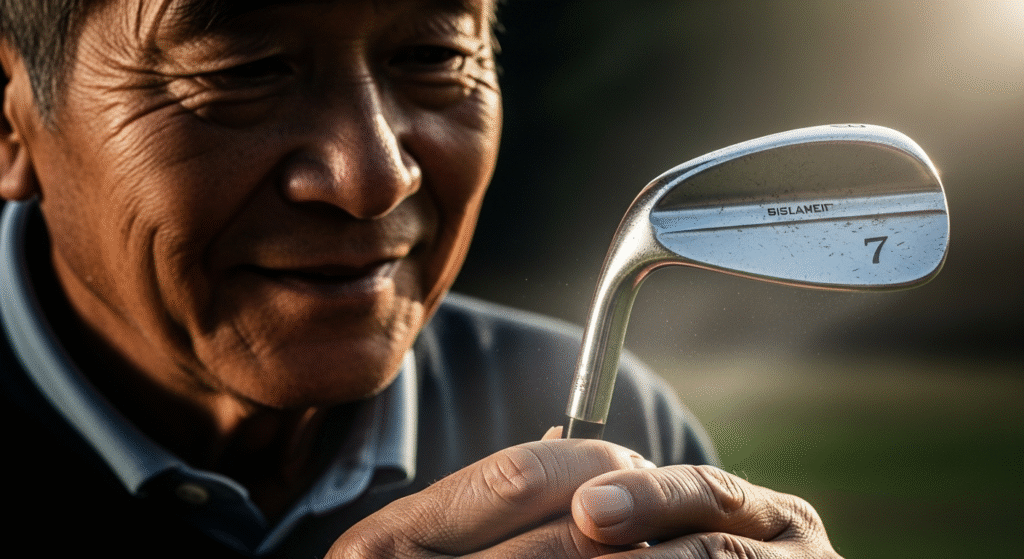 輝く光に照らされ、笑顔の高齢男性が7番アイアンのゴルフクラブを両手で持っています。