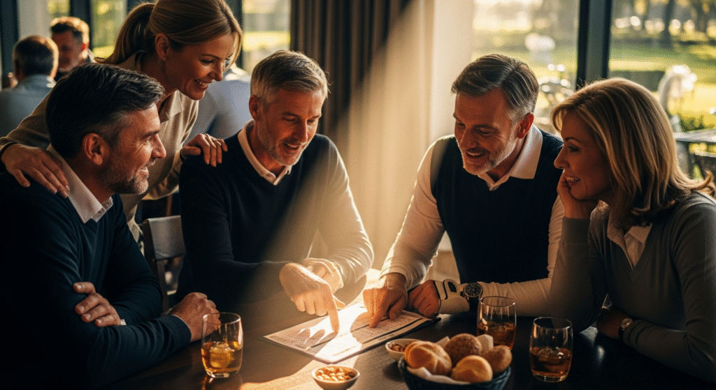 テーブルを囲んだ5人の男女が、書類を指差しながら笑顔で談笑し、飲み物や軽食を楽しみながら和やかな交流をしています。