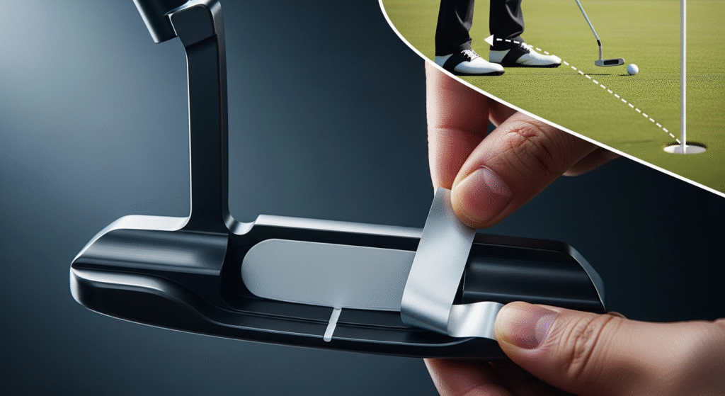 ゴルフパターにアライメント用のテープを貼り付ける手と、そのパターでゴルフボールをカップへ打つ様子の合成画像。