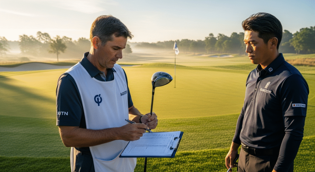 朝霧のかかったゴルフコースで、キャディーがクリップボードに書き込み、ゴルファーが傍に立っている。