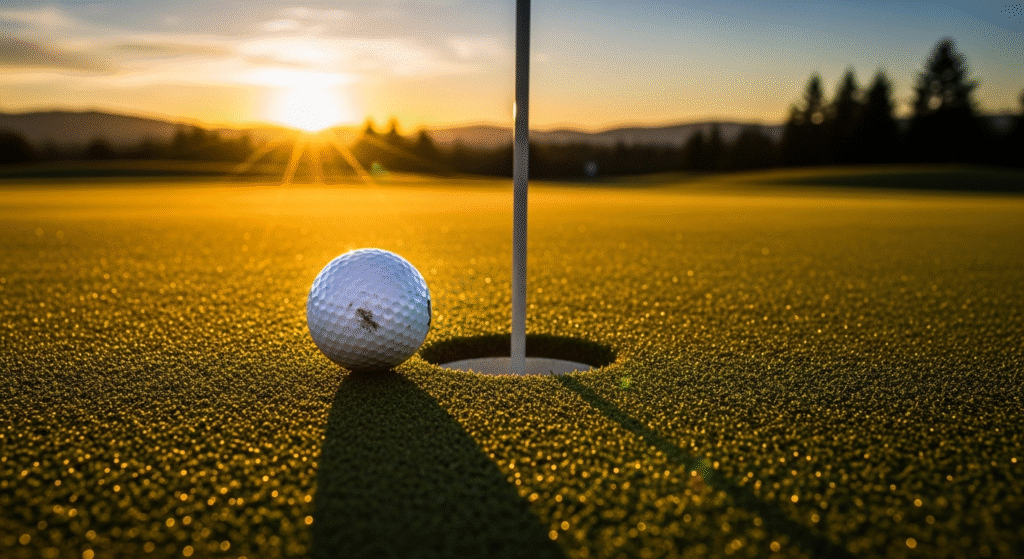 夕日に輝くゴルフコースのグリーンで、ホールと旗竿の隣にゴルフボールが長い影を落としている。