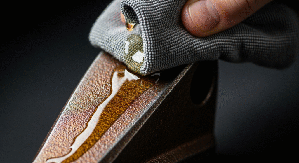 手が灰色の布から黄金色の油を、ざらざらした茶色の金属の表面に滴らせている様子が写っています。