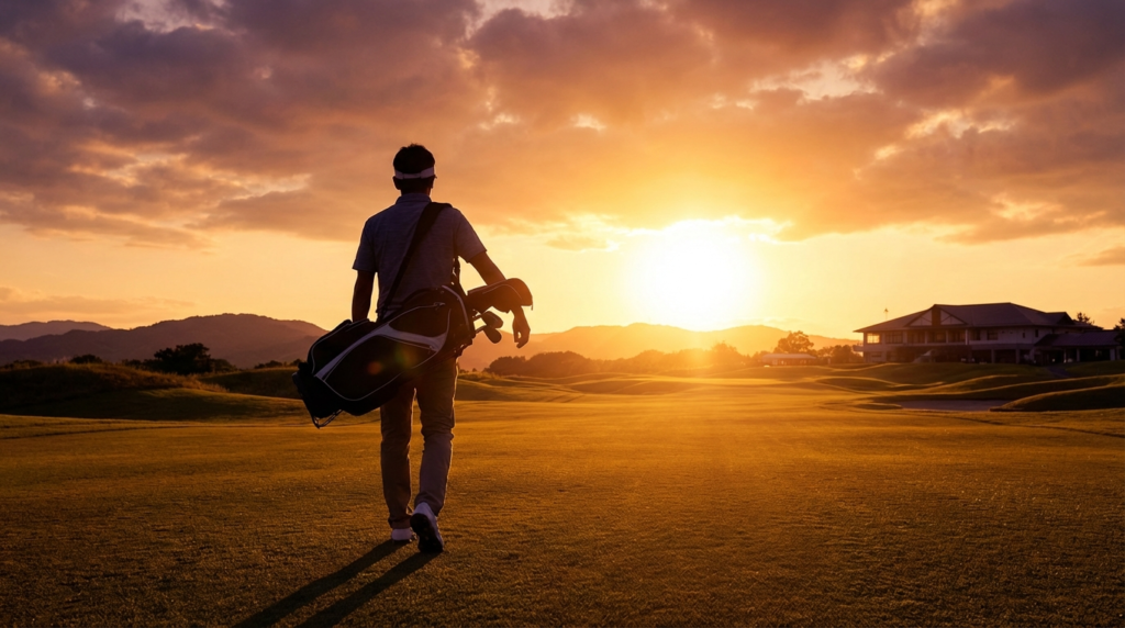 夕焼けに染まるゴルフコースを、ゴルフバッグを担いだゴルファーが歩いており、遠くに山々とクラブハウスが見える。