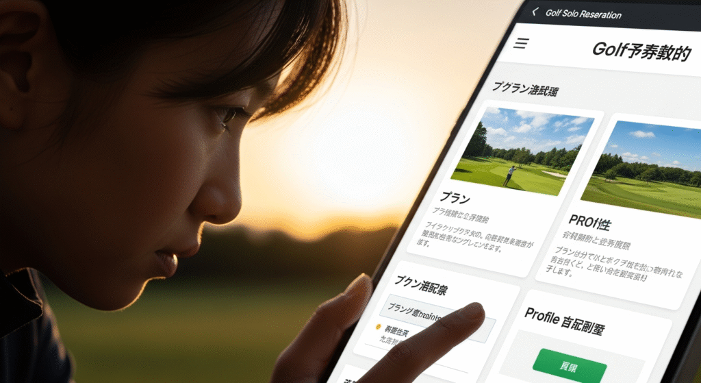 夕焼けを背景に、スマートフォンでゴルフ予約アプリのような画面を操作する女性の横顔。