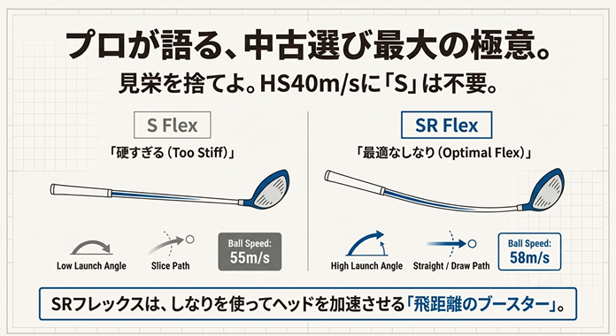 SフレックスとSRフレックスのしなりの違いと飛距離への影響を図解