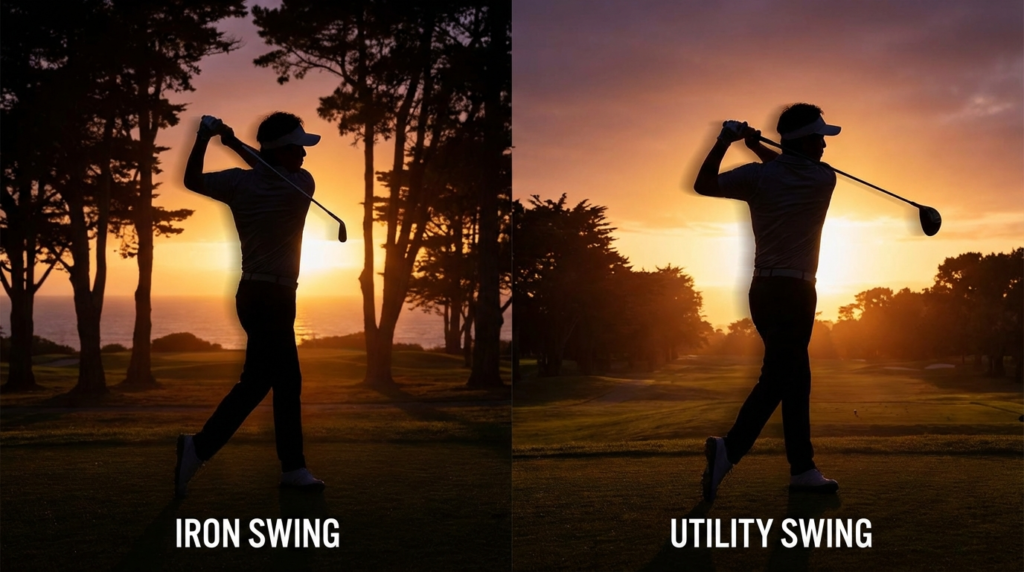 夕焼けのゴルフコースを背景に、左にアイアンスイング、右にユーティリティスイングをするゴルファーのシルエットが並び、それぞれ「IRON SWING」「UTILITY SWING」と表示されている画像。