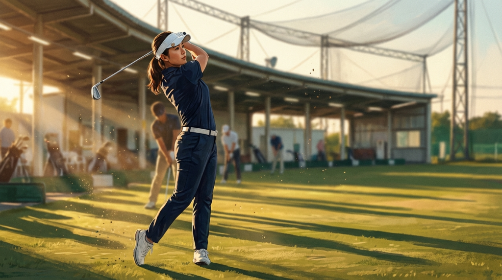 夕暮れのゴルフ練習場で、ゴルフボールを打ち土しぶきを上げている女性ゴルファーが写っています。