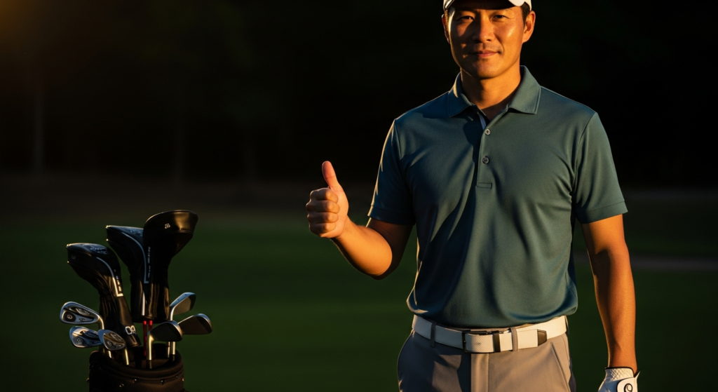 夕焼けに照らされたゴルフコースで、ゴルフバッグの隣で親指を立てて微笑む男性ゴルファー。
