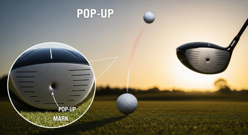 「POP-UP」と書かれたこの画像は、ゴルフのポップアップショットで急激に高く打ち上げられたボールの軌道と、ドライバーのフェース上部に残った「POP-UP MARK」を示しています。