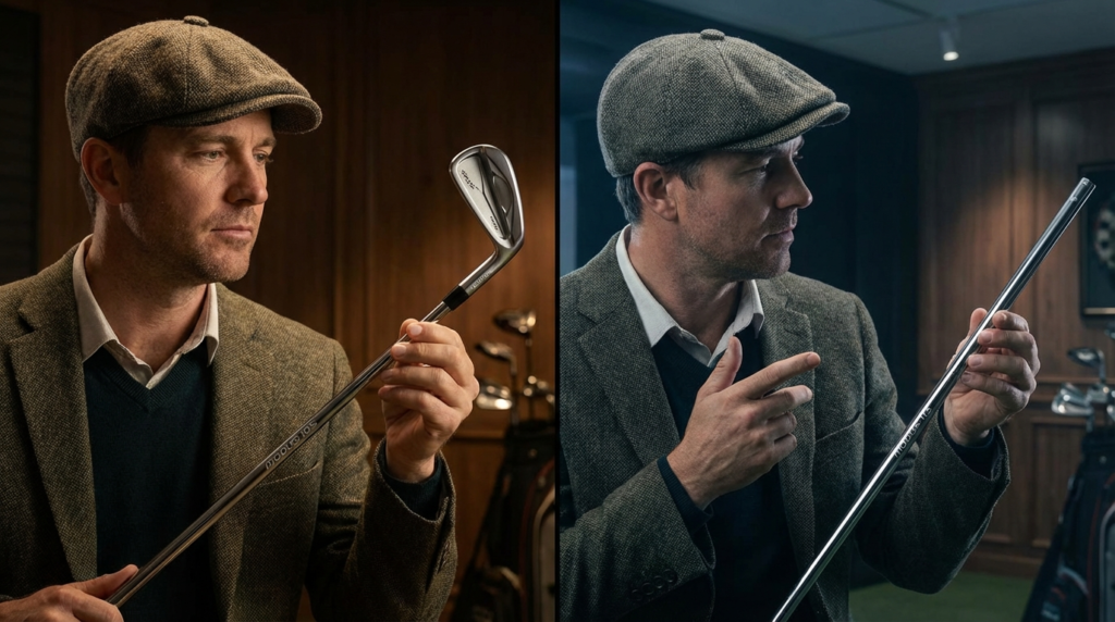 ハンチング帽とツイードジャケットを着た男性が、室内でゴルフのアイアンクラブやシャフトを真剣に検分している2つのシーンが左右に並べて表示されています。