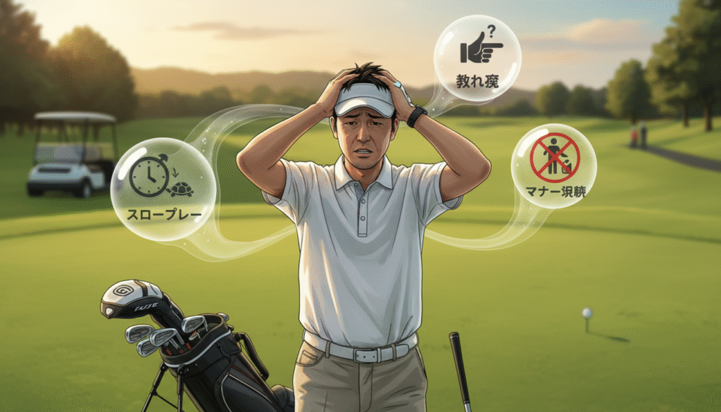 ゴルフコースで頭を抱えて困っている男性がおり、周囲には「スロープレー」「教え魔」「マナー違反」といったゴルフにおける問題を示す吹き出しが浮かんでいます。