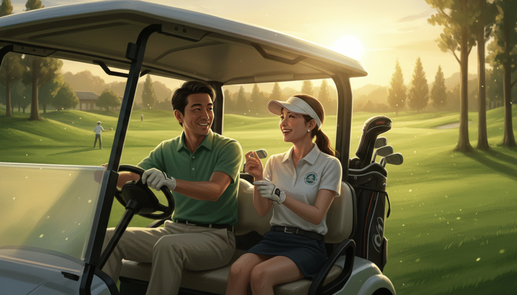 夕暮れのゴルフコースで、ゴルフカートに乗って笑顔で会話するアジア人の男女。