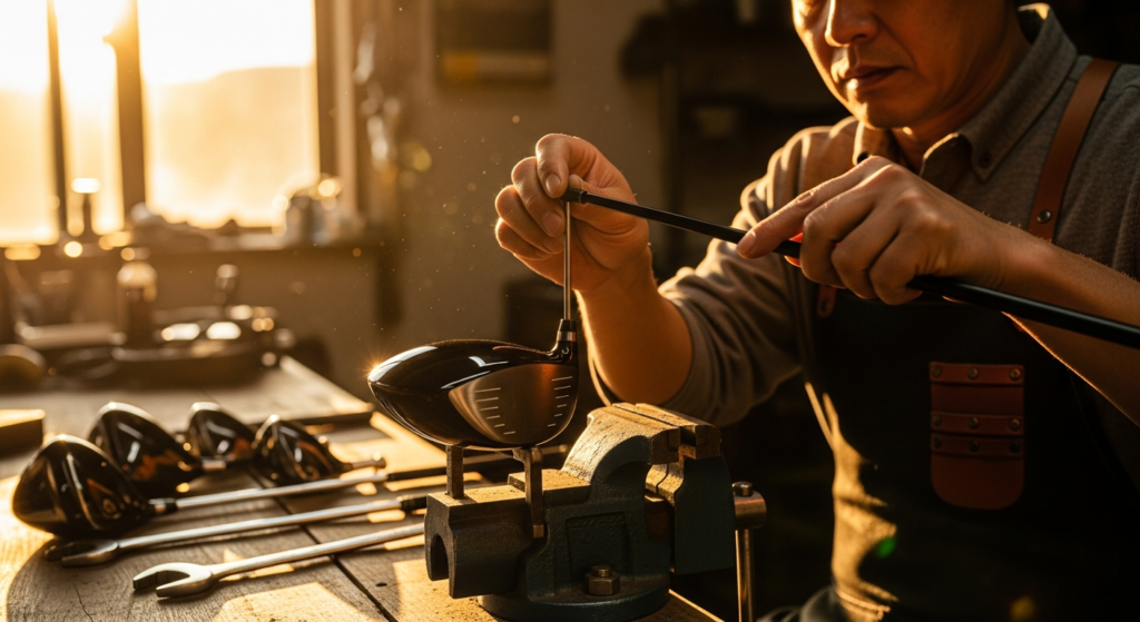 夕日が差し込む工房で、職人が万力に固定されたゴルフクラブのヘッドにシャフトを丁寧に装着している。