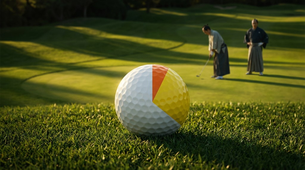 緑のゴルフコースで、和装の男性2人がゴルフをしている様子を背景に、白とオレンジと黄色の円グラフ模様のゴルフボールが手前に置かれている。