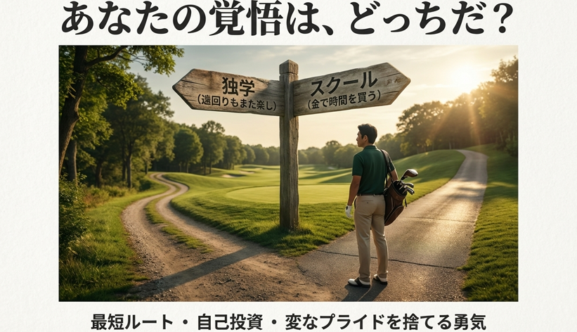 ゴルフ 上達ルート 独学とスクール 選択肢 看板イメージ