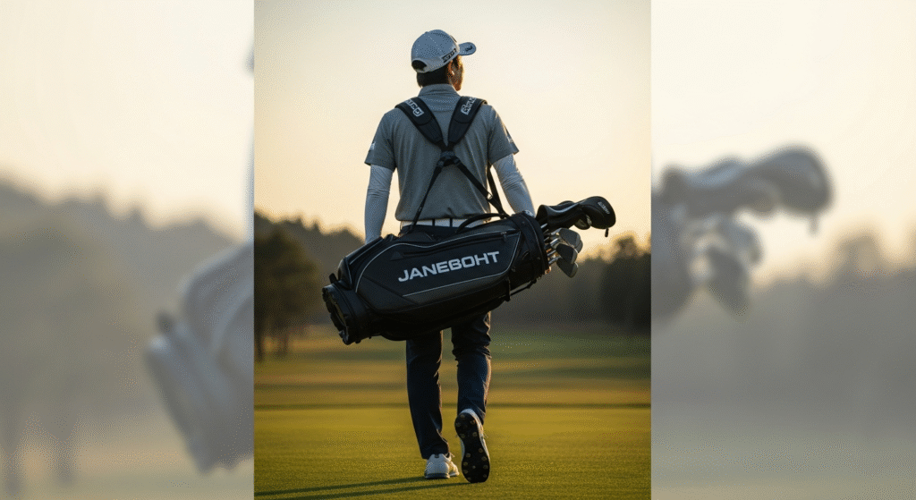 後ろ姿の男性ゴルファーが、黒いJANEBOHTのゴルフバッグを肩にかけ、夕焼けに照らされたゴルフコースを歩いています。