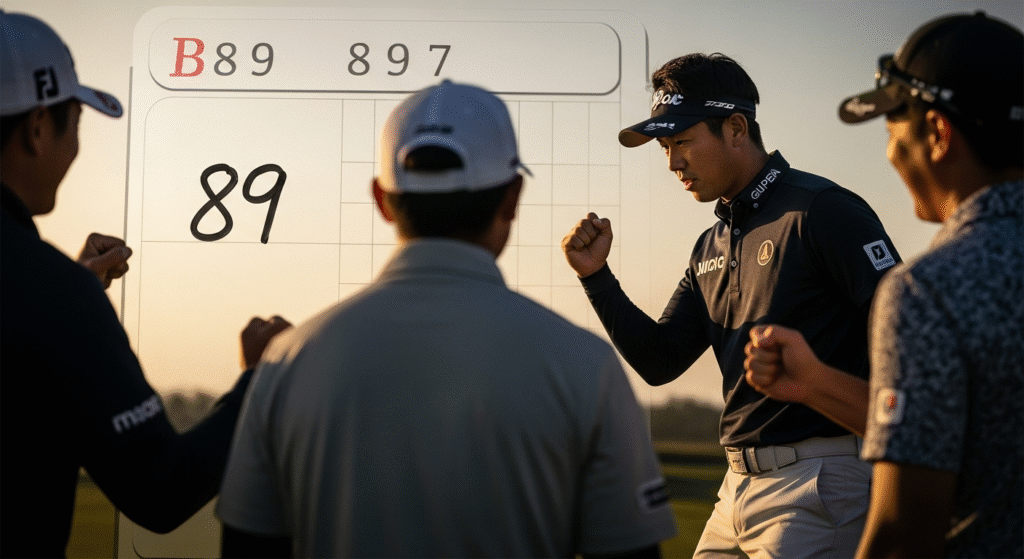 ゴルフのスコアボードに「89」と表示され、それを見た複数のゴルファーたちが拳を握って喜びを分かち合っている様子。