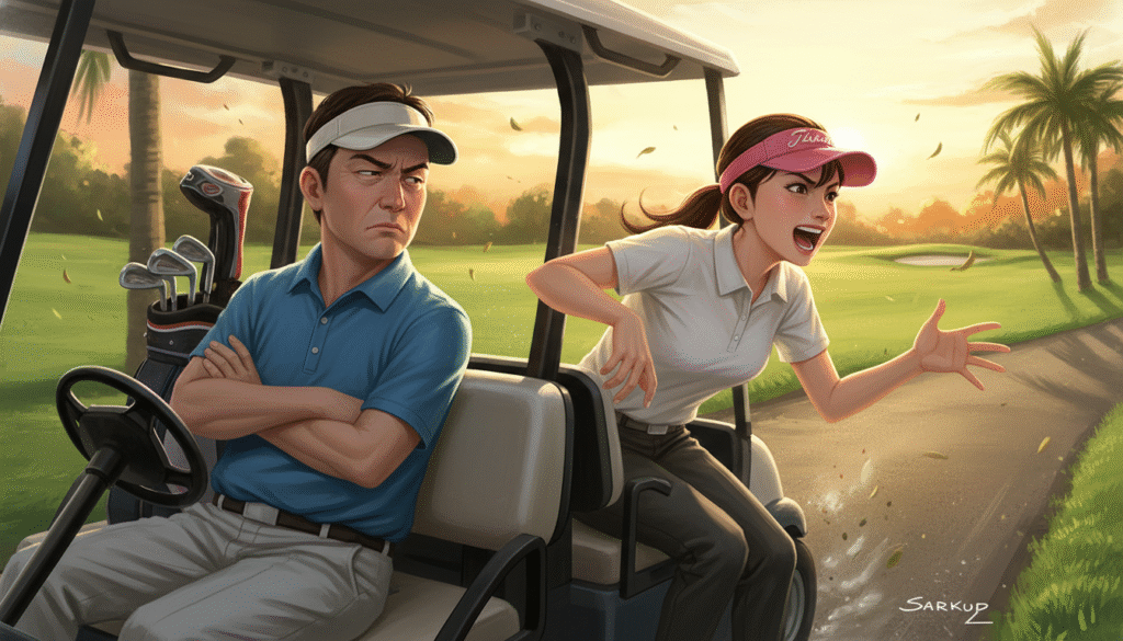 夕暮れのゴルフコースで、ゴルフカートに乗って腕組みし不機嫌そうな男性と、身を乗り出して興奮して叫んでいる女性が描かれたイラスト。
