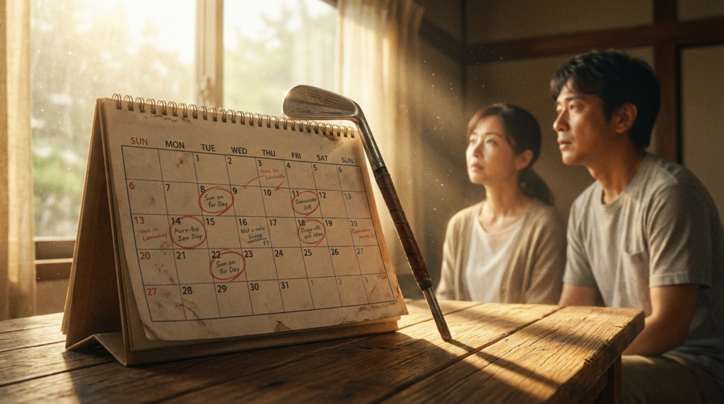 日の光が差し込む室内で、予定が書き込まれた卓上カレンダーとゴルフクラブが置かれたテーブル越しに、遠くを見つめる男女。