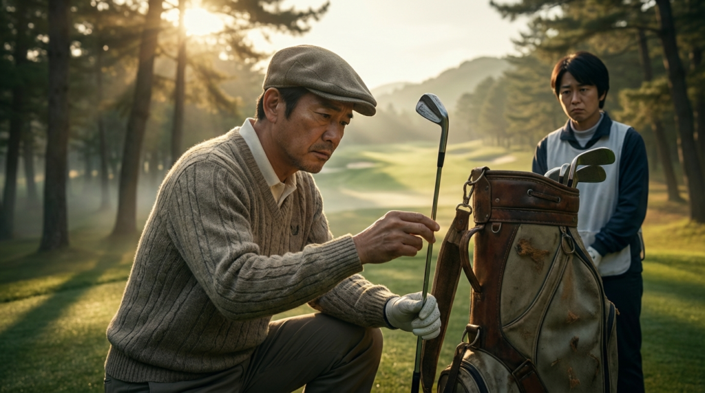 ゴルフ練習場で、男性がゴルフクラブを手に持ち、スイングデータが表示されたデジタルモニターを真剣な表情で見つめている。