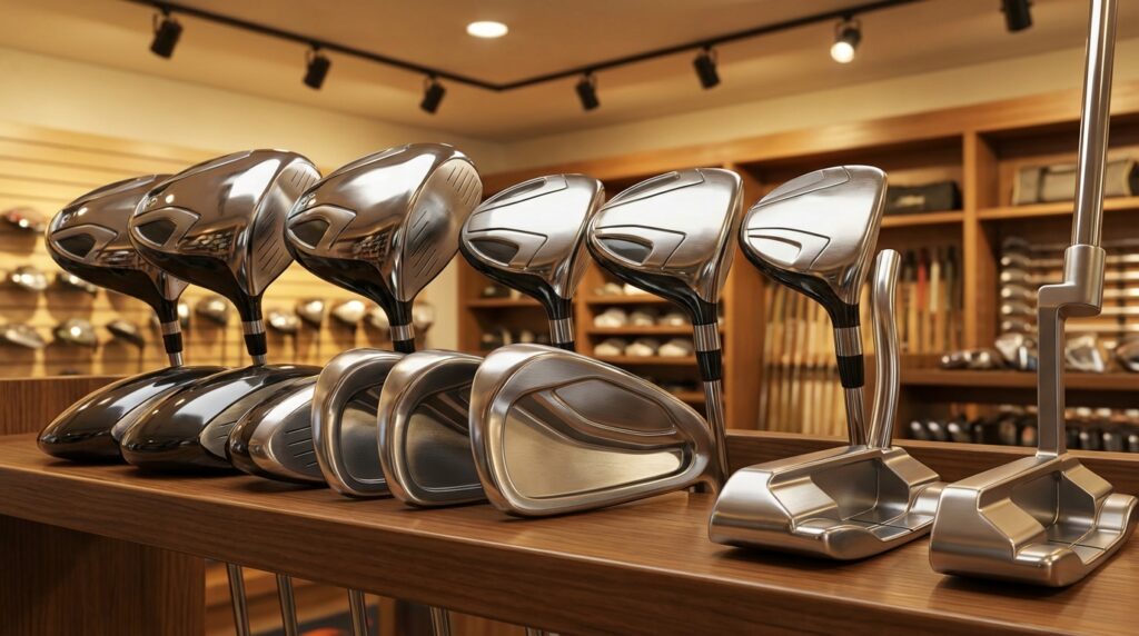 手前の木製棚にドライバー、アイアン、パターなどのゴルフクラブが整然と陳列され、奥にはさらに多くのクラブが並ぶゴルフショップの店内。