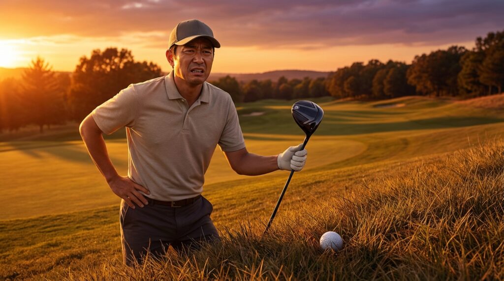 夕暮れのゴルフ場の深いラフで、困惑した表情の男性がドライバーとゴルフボールを見ている。