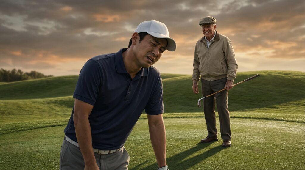 ゴルフコースで、若い男性が苦痛に顔をゆがめ、その後ろで年配の男性がゴルフクラブを持って笑っている様子。