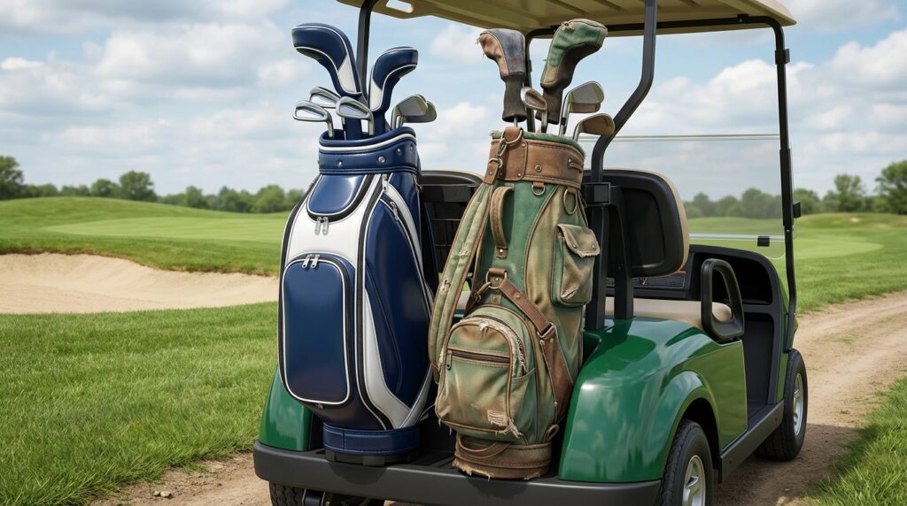 ゴルフコースに置かれたゴルフカートの背面に、ゴルフクラブが入った2つのゴルフバッグが積まれています。