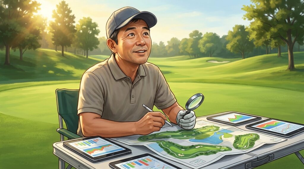緑豊かなゴルフコースを背景に、マップとグラフ表示のタブレットが並べられたテーブルで、拡大鏡とペンを持つ男性が上を向いて微笑んでいます。