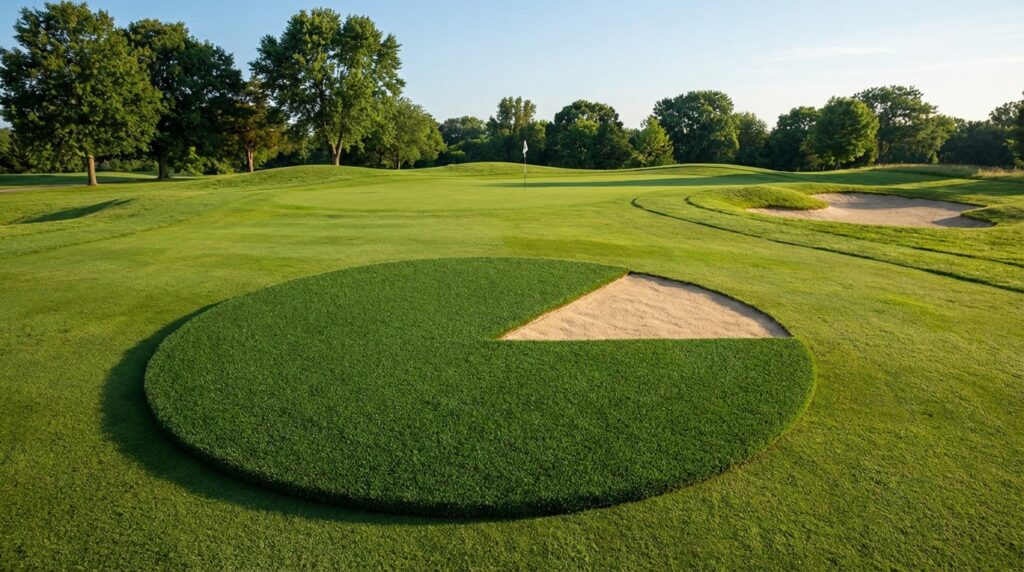 手前に円グラフのように砂が切り取られた円形の芝生があり、奥にグリーンが見えるゴルフ場の風景。