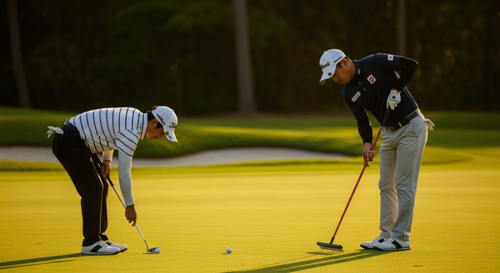 日差しが差し込むゴルフグリーンで、2人の男性ゴルファーがそれぞれボールを拾ったり、レーキで地面をならしたりしている。