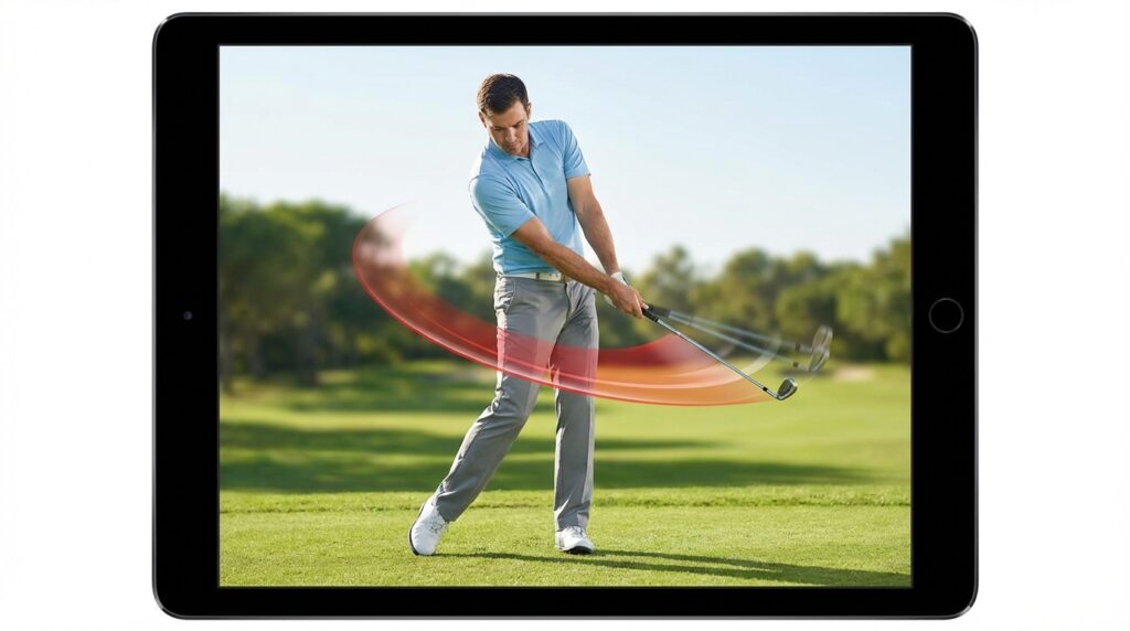 黒いタブレットの画面に、ゴルフスイング中の男性と、そのゴルフクラブの軌道を示す赤い弧が表示されています。
