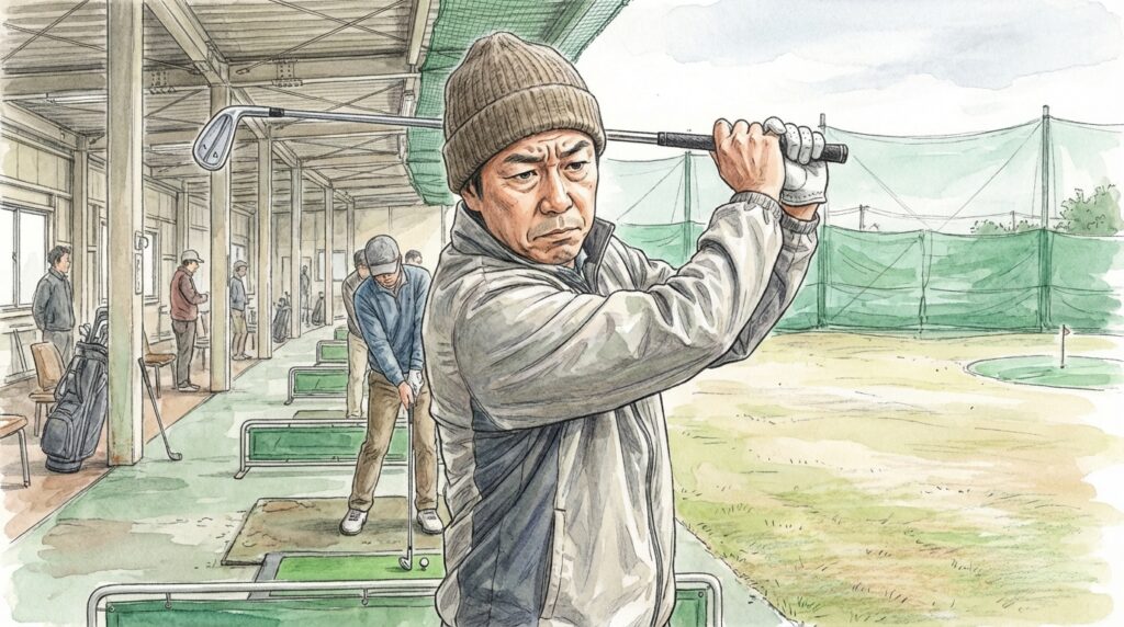 ゴルフ練習場で、ニット帽をかぶった男性が真剣な表情でゴルフクラブをスイングしている水彩画のイラスト。
