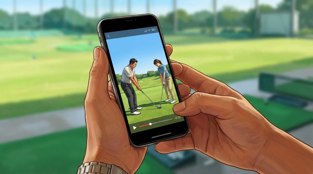ゴルフ練習場で、両手に持ったスマートフォンにゴルフのレッスン動画が表示されています。