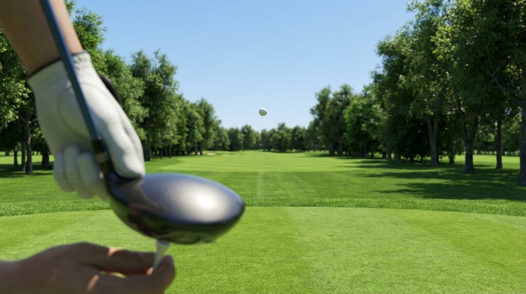 ゴルフコースで、手前のドライバーによって打たれたゴルフボールが空中に浮き、奥に緑のフェアウェイが広がっています。