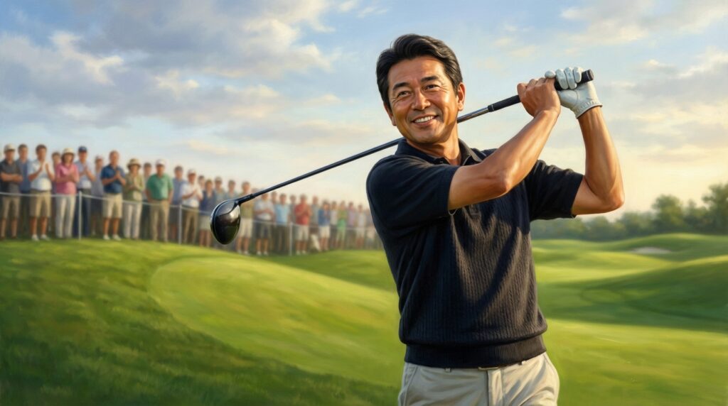 笑顔のアジア人男性がゴルフスイングの途中でクラブを構え、背景には観客と緑のゴルフコースが広がっています。